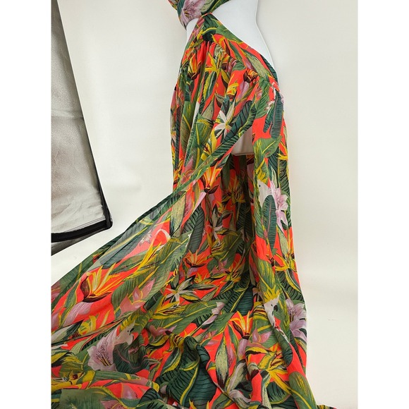 Boho Tropical Sheer Maxi Halter Dress Cutout Large Vacation Cruise Beach - Picture 2 of 9